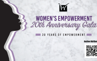 Graphic of the Women's Empowerment 20th Anniversary Gala Auction Website platform's QR Code. On left side silhouette graphic of a woman, background is white marble. Women's Empowerment's logo is at the top.